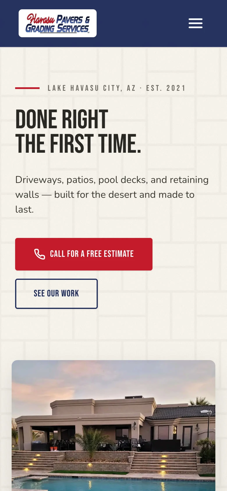 Havasu Pavers’ mobile homepage with Call for a free estimate, See our work, and a photograph of a completed pool deck