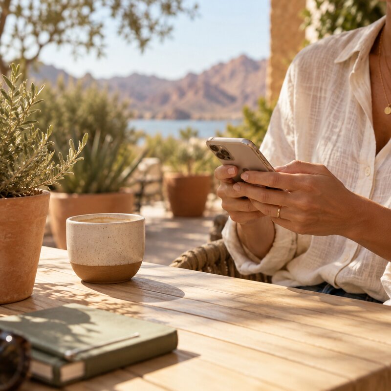 A business owner with a phone and coffee in warm Arizona light
