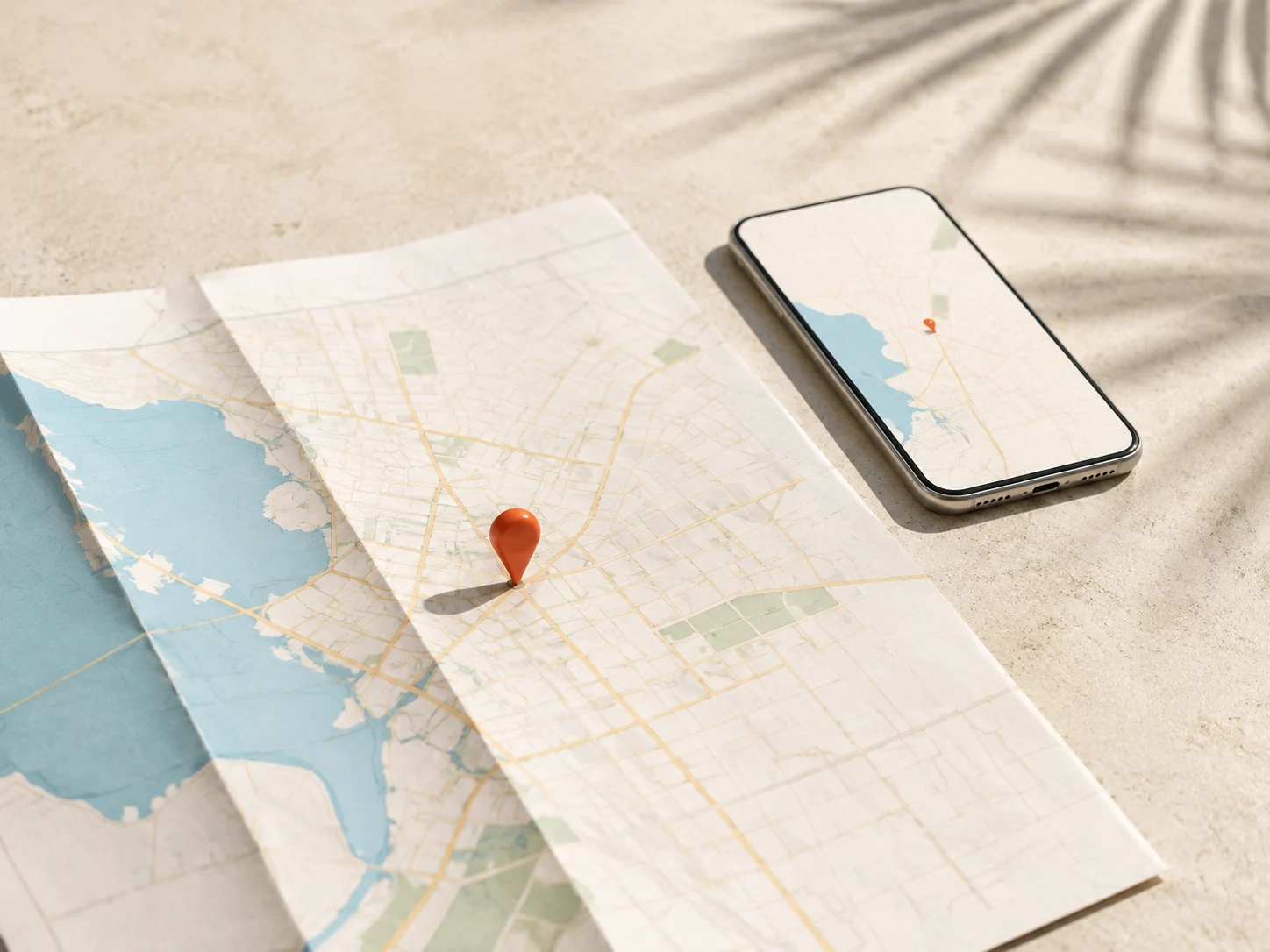 Illustrative local-search scene with a map, location marker, and phone in daylight