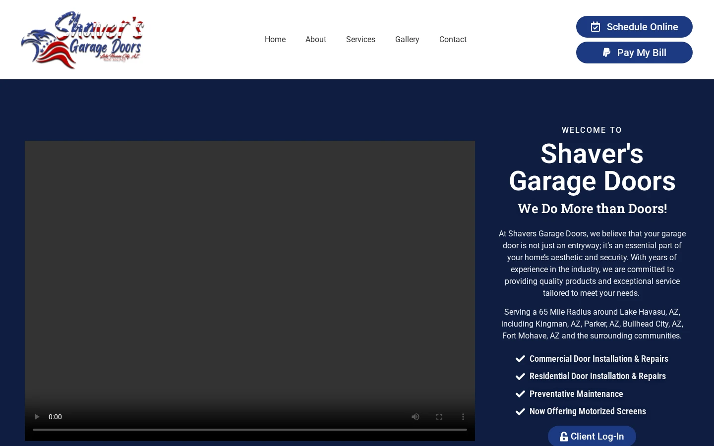 Archived Shaver’s homepage with a white navigation bar, blue background, video player, and general service introduction