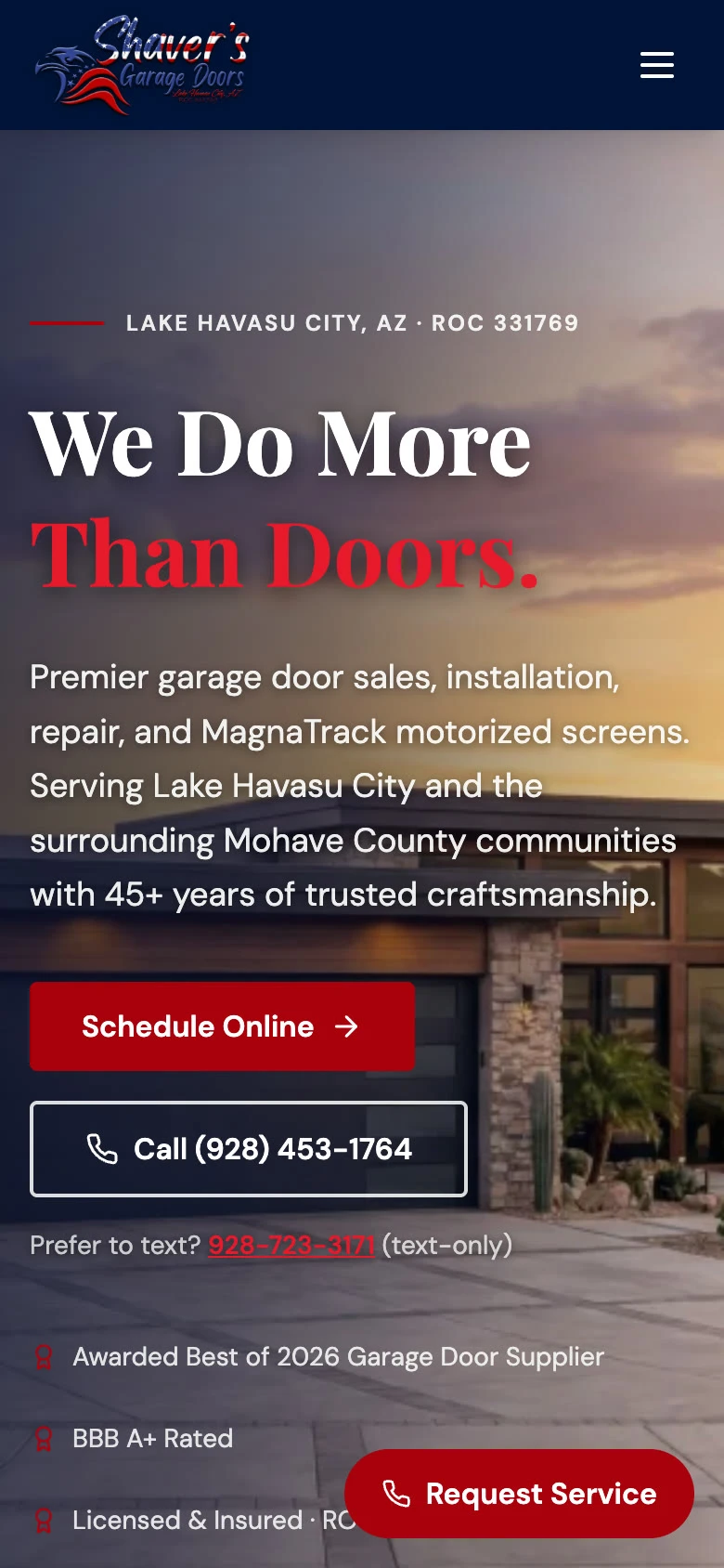 Shaver’s mobile homepage showing Schedule Online, call and text options together below the service introduction