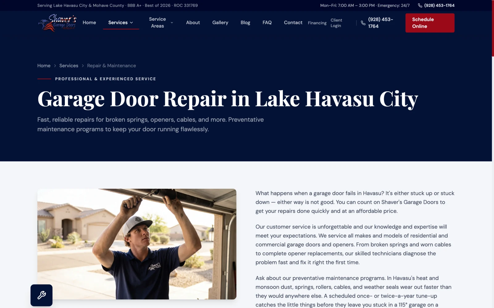 Shaver’s real garage door repair page, with a Lake Havasu service heading and technician photograph
